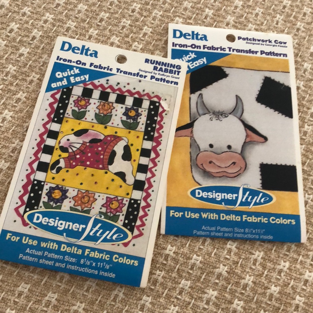 2-NWT Iron On Fabric Transfer Patterns-Running Rabbit & Patchwork cow